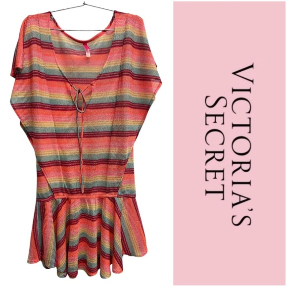 Victoria's Secret Multicolor Stripe Mesh Cover Up Dress Flounce Hem Size XS/S - Picture 1 of 6